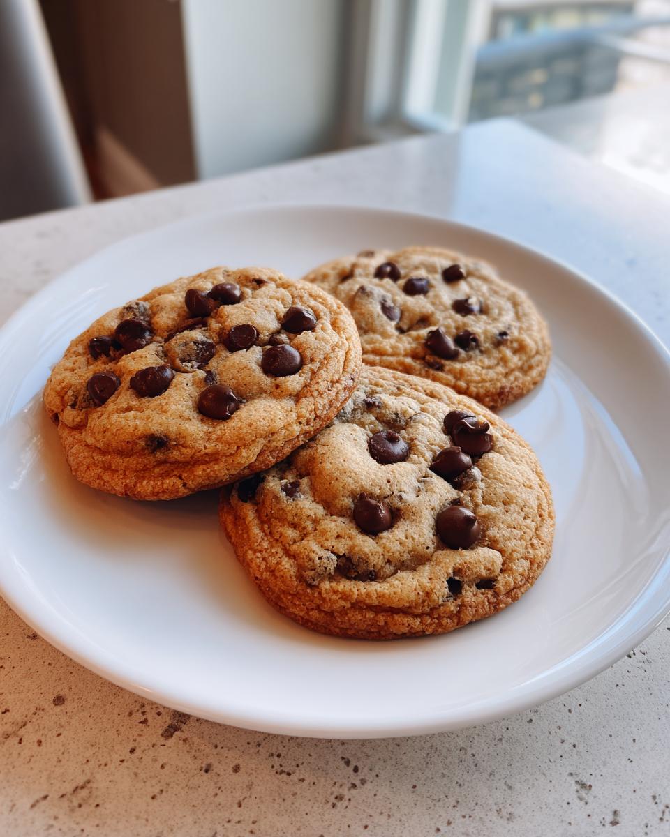 Three perfectly baked Vegan Chocolate Chip Cookies piled on a white plate, featuring melted chocolate chips.