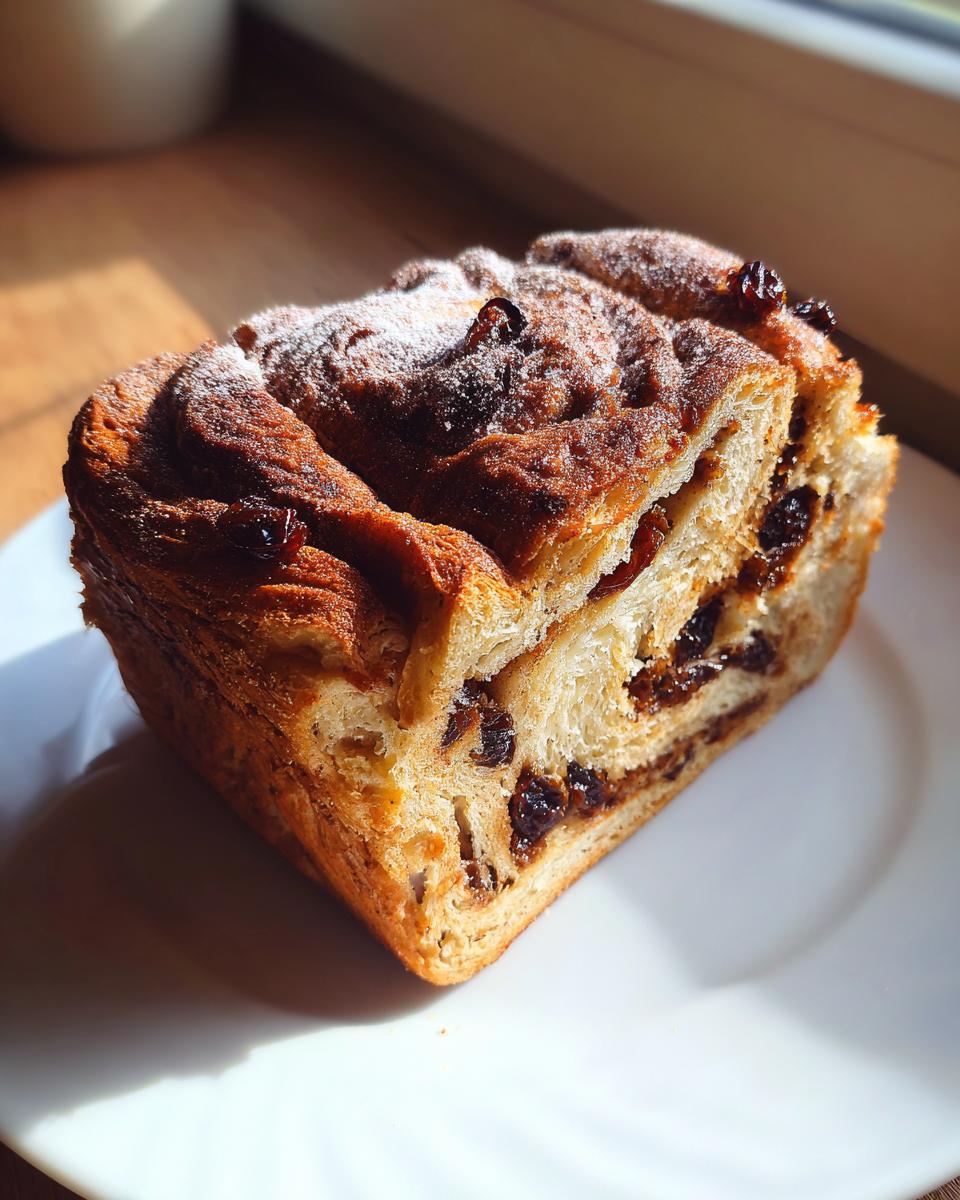 A close-up slice of golden-brown Vegan Cinnamon Raisin Bread, dusted with powdered sugar, sitting on a white plate.