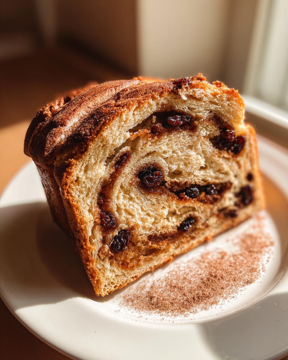 A close-up slice of Vegan Cinnamon Raisin Bread showing swirls of cinnamon filling and plump raisins, served on a white plate with cinnamon powder.