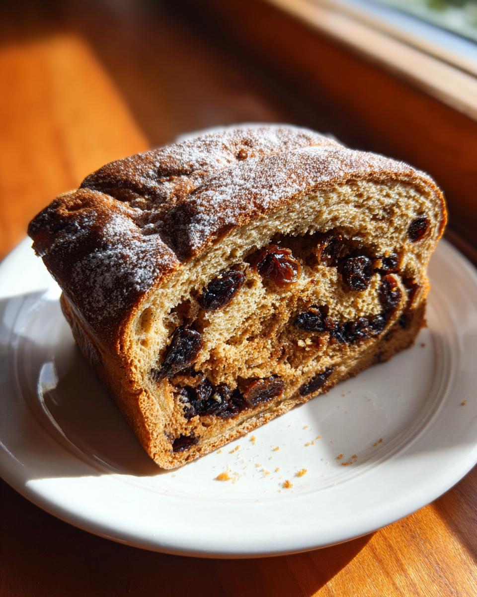 A thick slice of Vegan Cinnamon Raisin Bread, rich with dark raisins and dusted with powdered sugar, resting on a white plate.