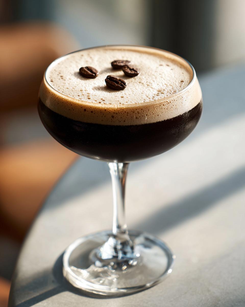 A close-up of a Vegan Espresso Martini Mocktail in a coupe glass, topped with rich foam and three coffee beans.