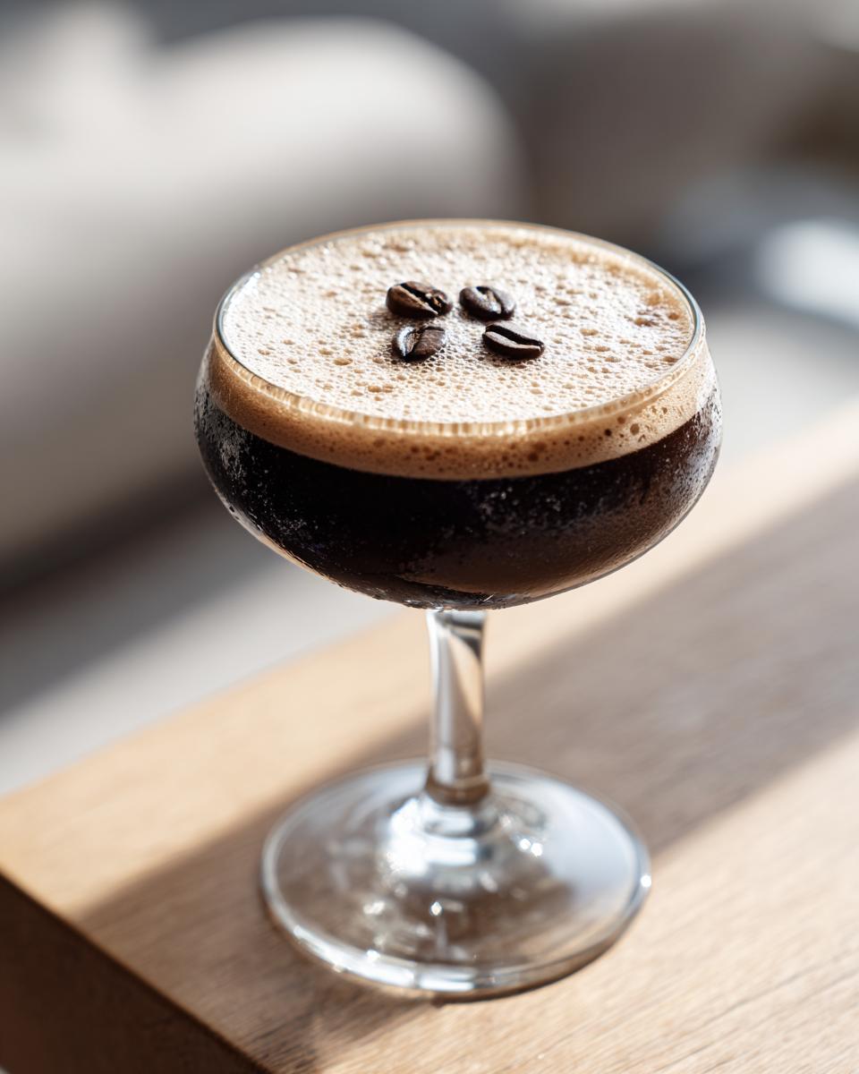 A frosty glass of Vegan Espresso Martini Mocktail topped with rich foam and three coffee beans.