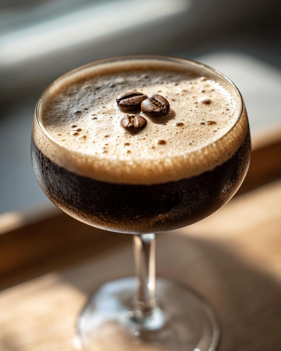 Close-up of a rich, dark Vegan Espresso Martini Mocktail topped with creamy foam and three coffee beans.