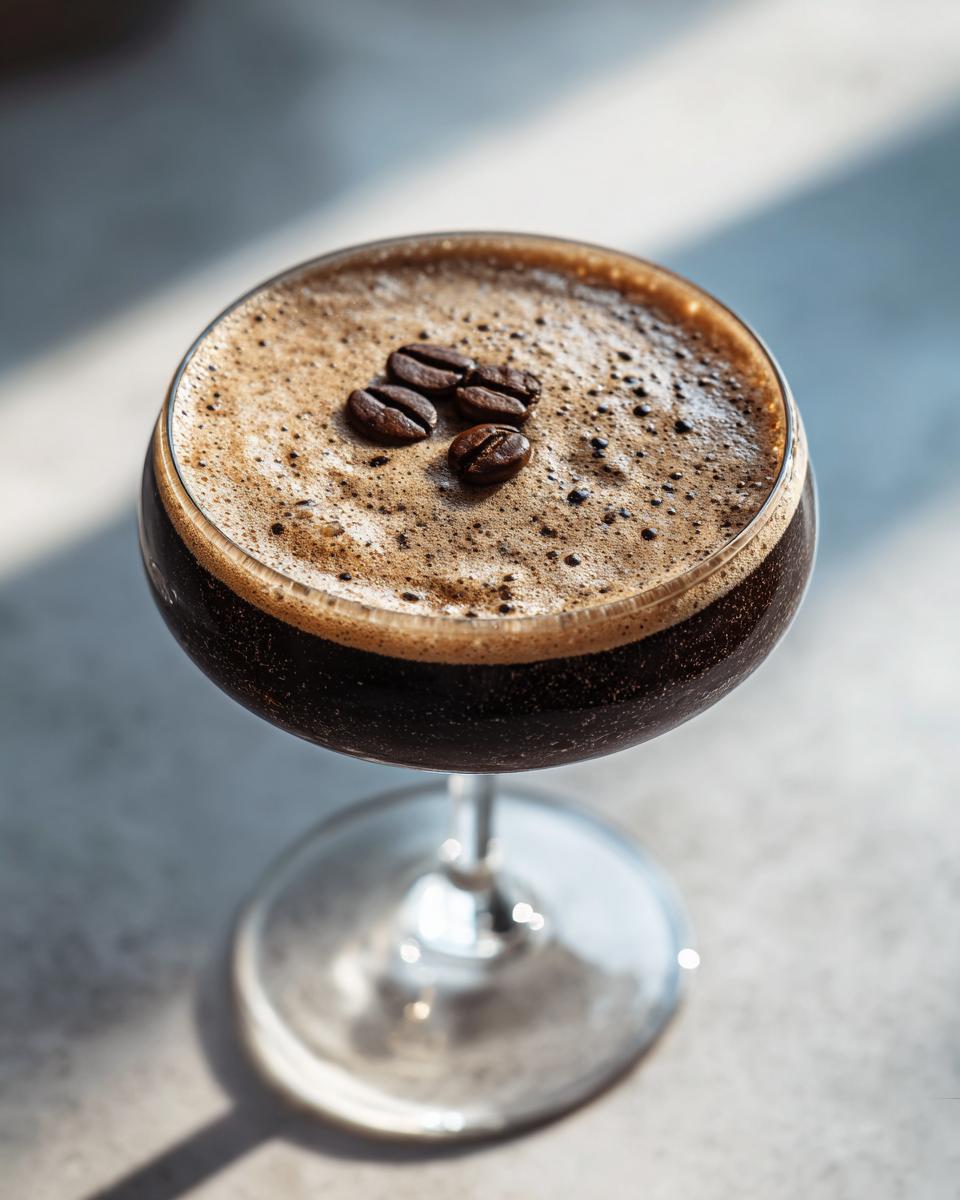 Close-up of a Vegan Espresso Martini Mocktail with rich foam, garnished with three coffee beans.