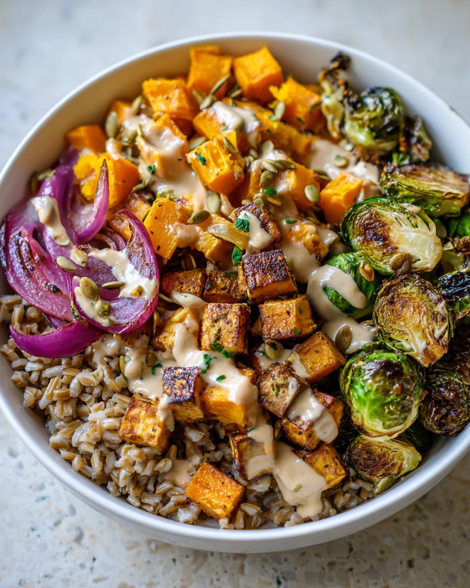 Close-up of a Vegan Fall Harvest Farro Bowl featuring farro, roasted squash, tofu, Brussels sprouts, and tahini dressing.