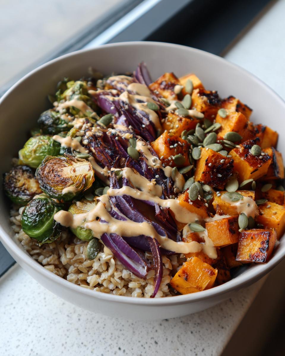 A close-up of a Vegan Fall Harvest Farro Bowl featuring farro, roasted squash, Brussels sprouts, red onion, and tahini dressing.