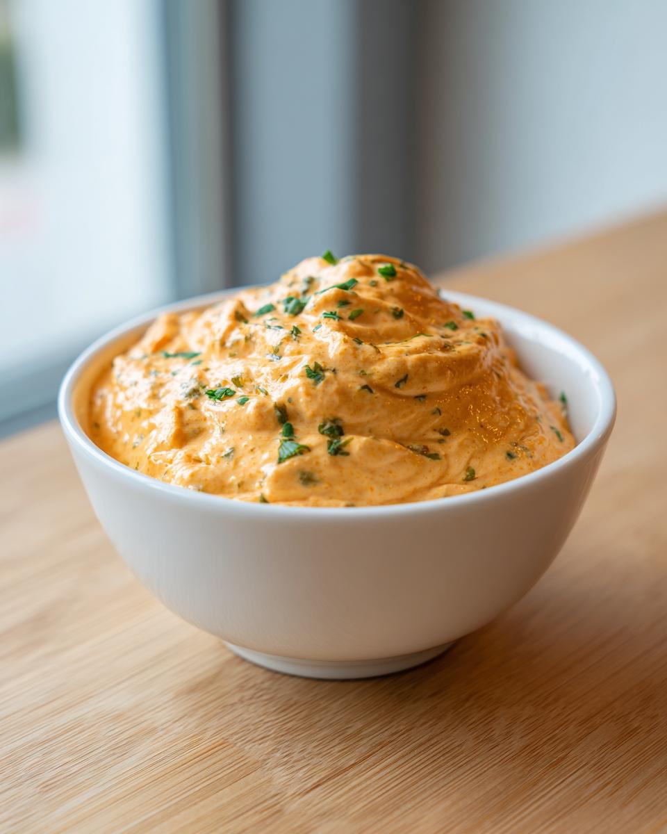 A close-up of thick, orange Vegan Jalapeno Queso Dip topped with chopped green herbs in a white bowl.