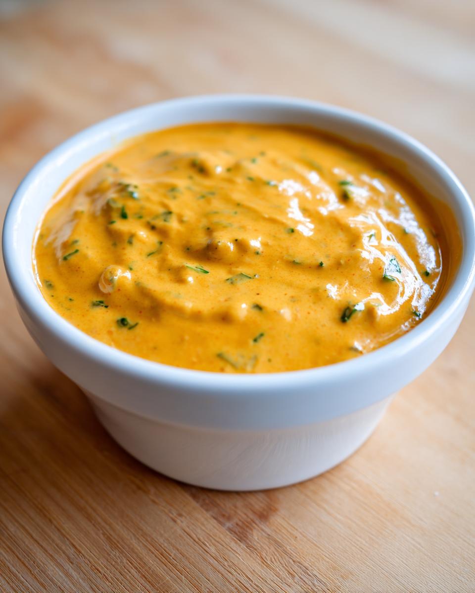 Close-up of rich, orange Vegan Jalapeno Queso Dip topped with green herbs in a small white bowl.