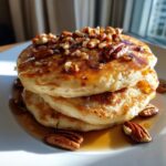 Close-up of a stack of three fluffy Vegan Maple Pecan Pancakes drizzled with syrup and topped with chopped pecans.