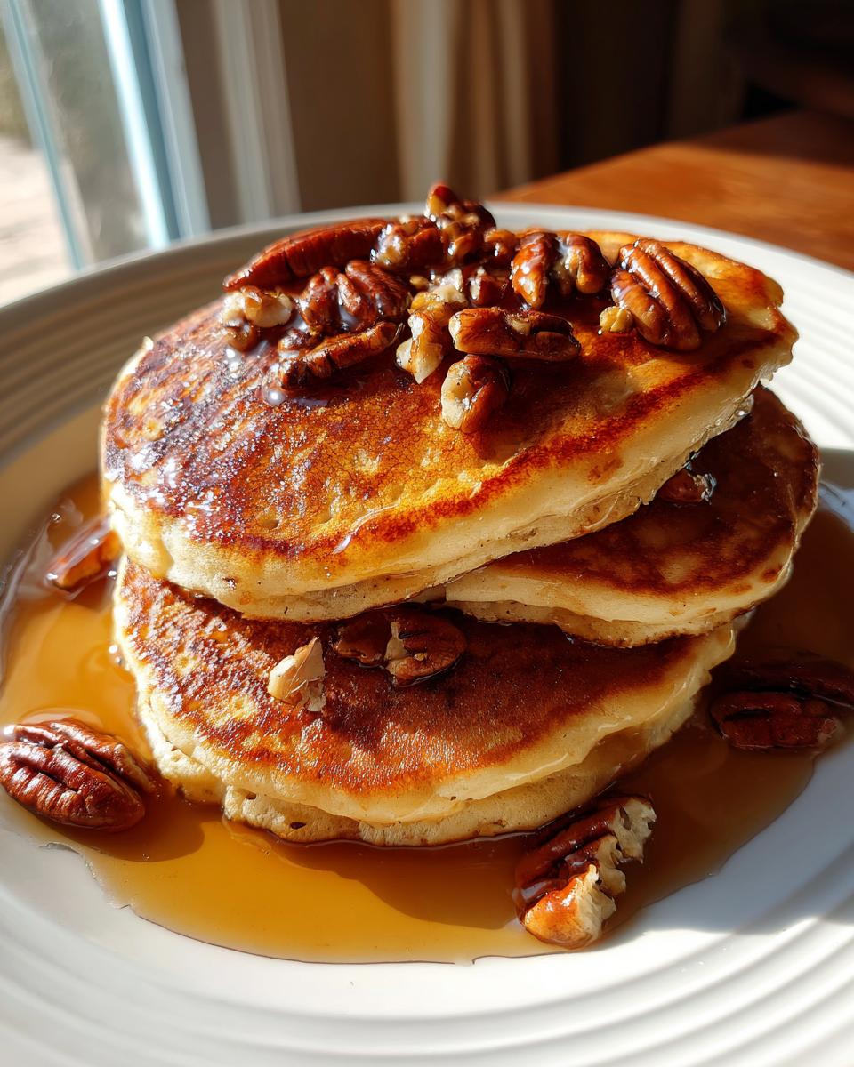 A stack of three golden Vegan Maple Pecan Pancakes drizzled with maple syrup and topped with pecans.