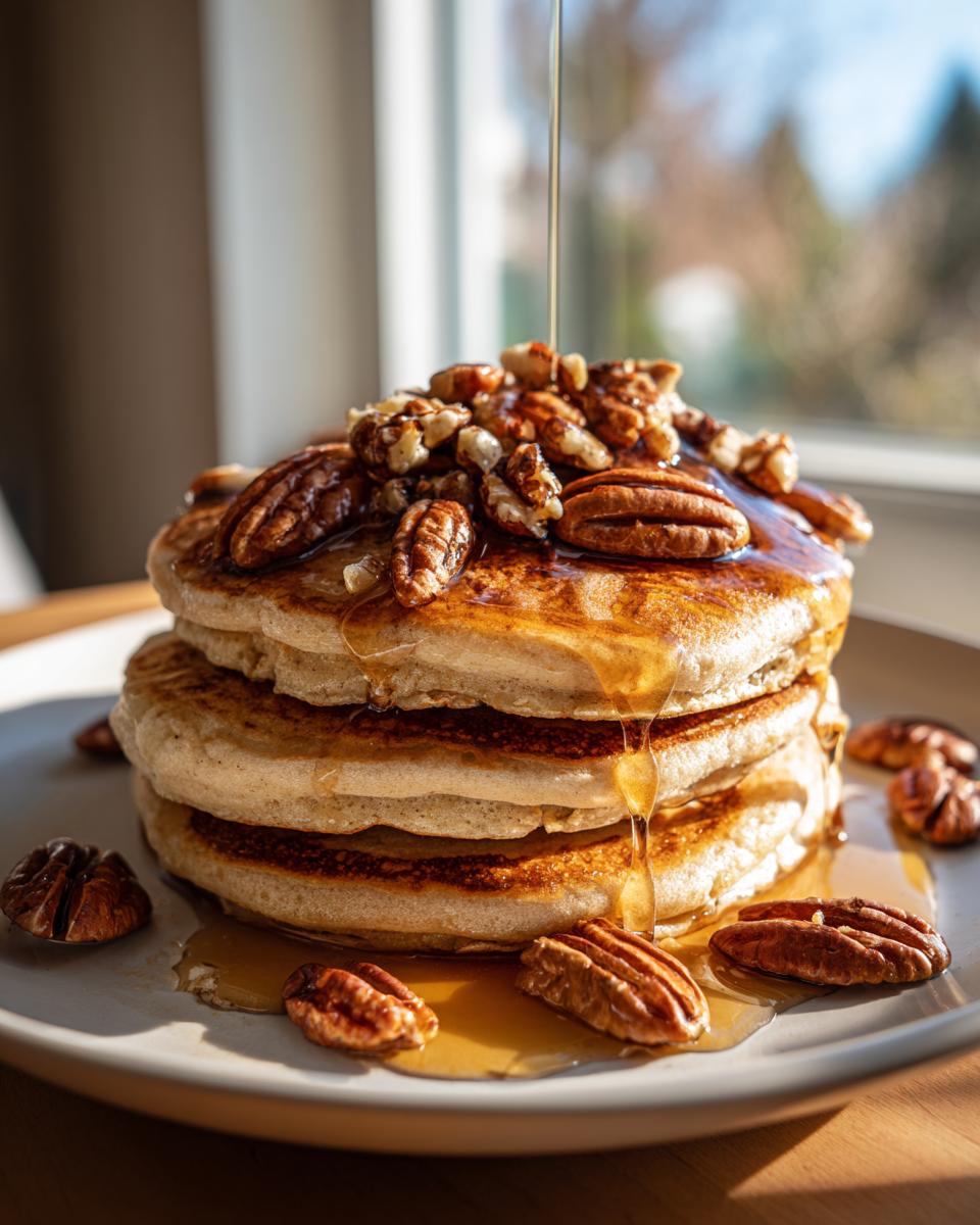 A tall stack of golden Vegan Maple Pecan Pancakes being drizzled with maple syrup and topped with pecans.