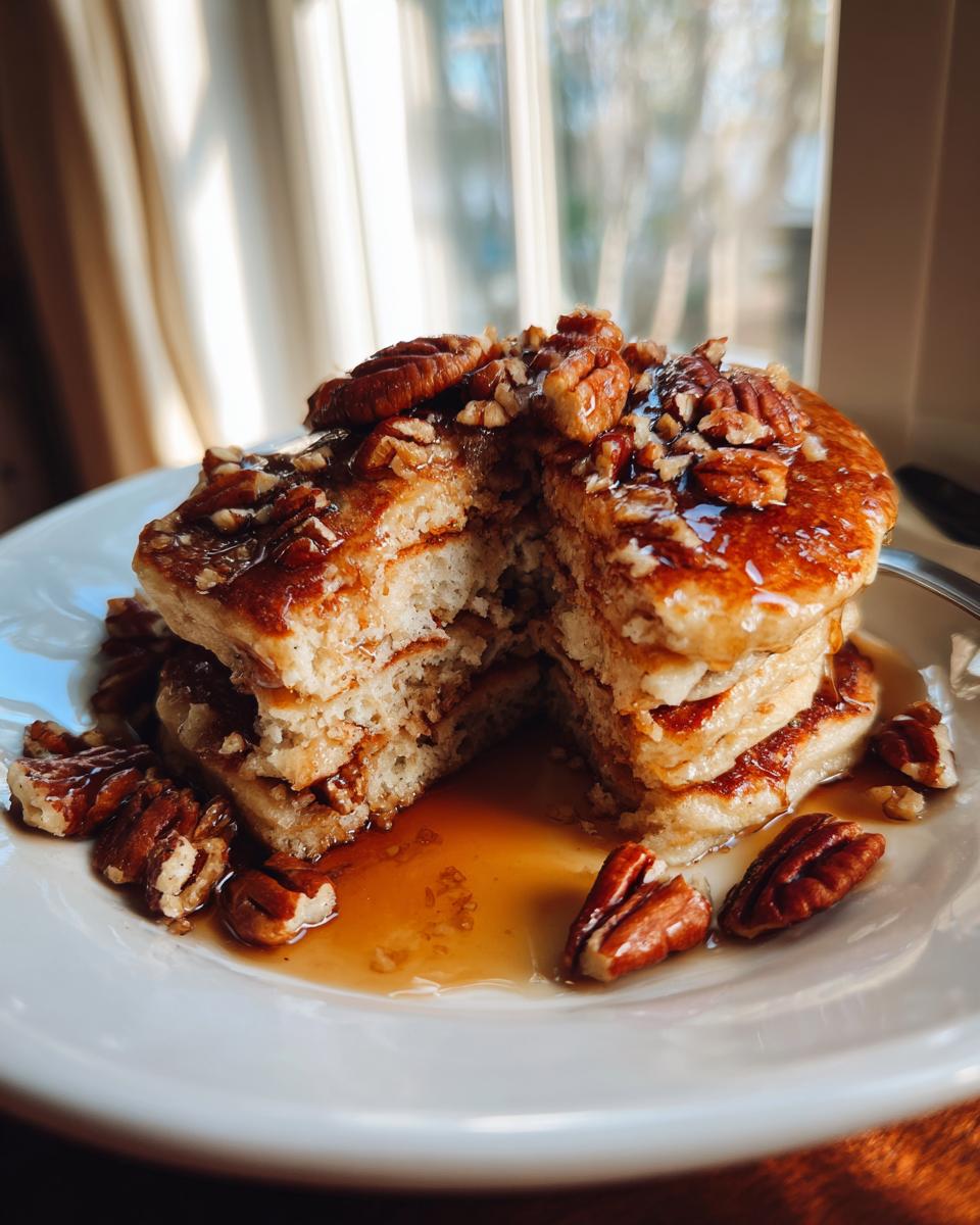 A tall stack of fluffy Vegan Maple Pecan Pancakes, cut open to show the texture, drizzled with maple syrup and topped with whole pecans.