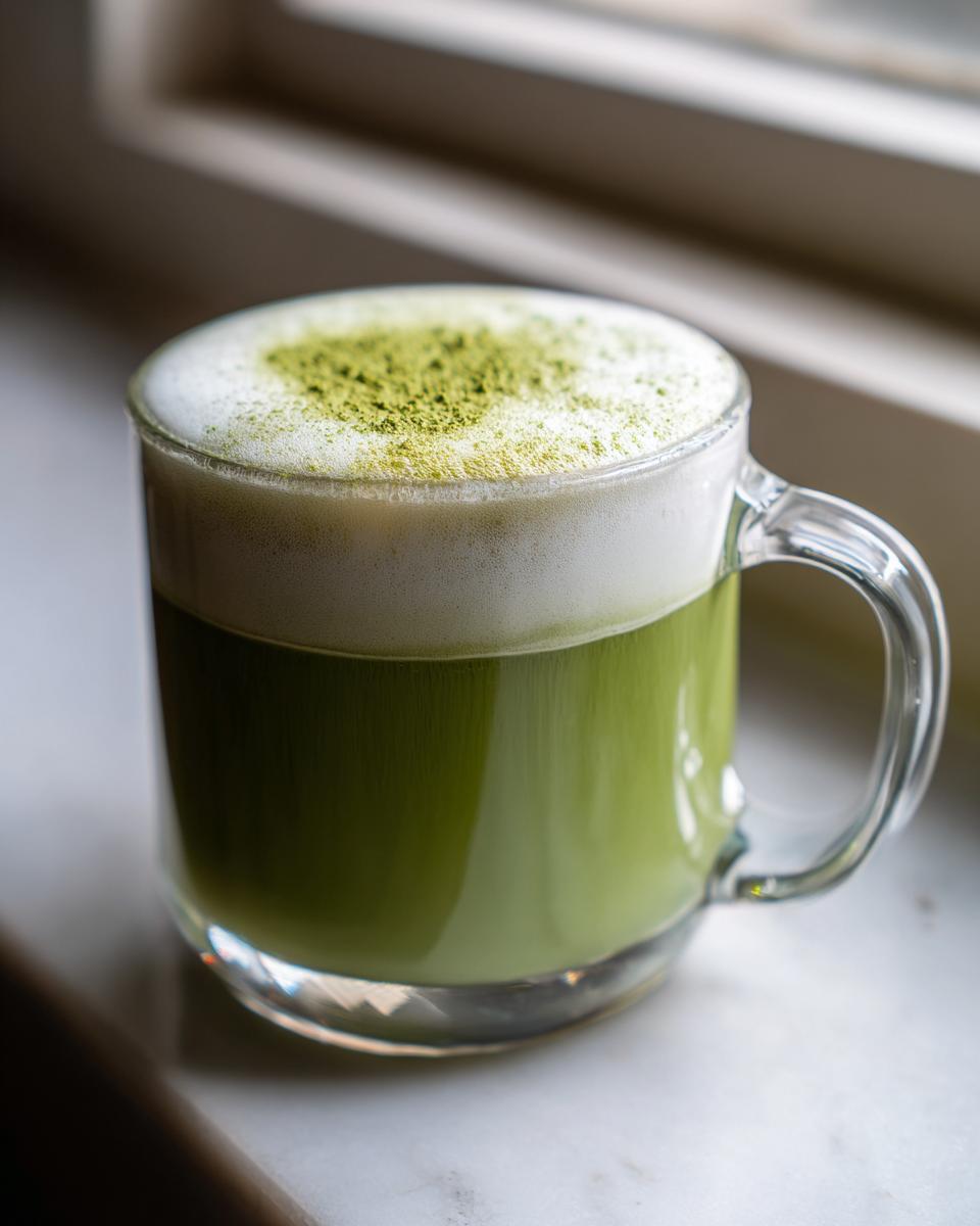 A vibrant green Vegan Matcha Latte topped with thick white foam and a dusting of matcha powder.