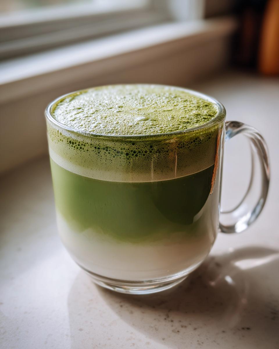 A layered Vegan Matcha Latte with bright green foam sitting in a clear glass mug near a window.