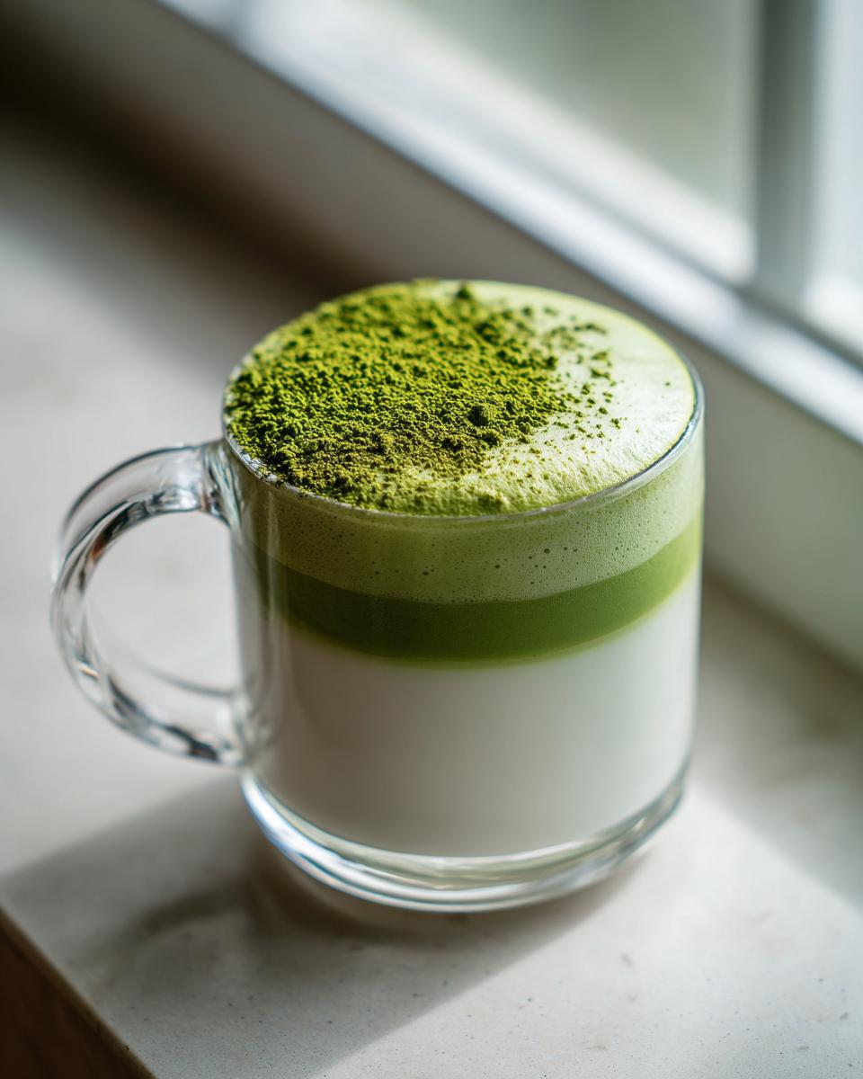 Close-up of a layered Vegan Matcha Latte in a clear glass mug, topped with vibrant green matcha powder.
