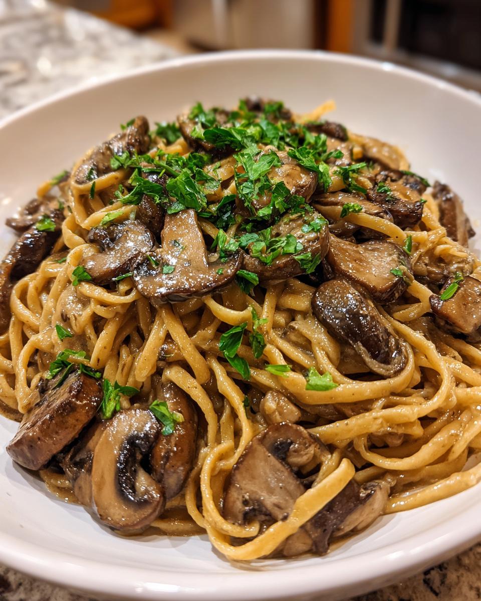 A close-up serving of Vegan Mushroom Stroganoff featuring creamy noodles, saut&eacute;ed mushrooms, and fresh parsley garnish.