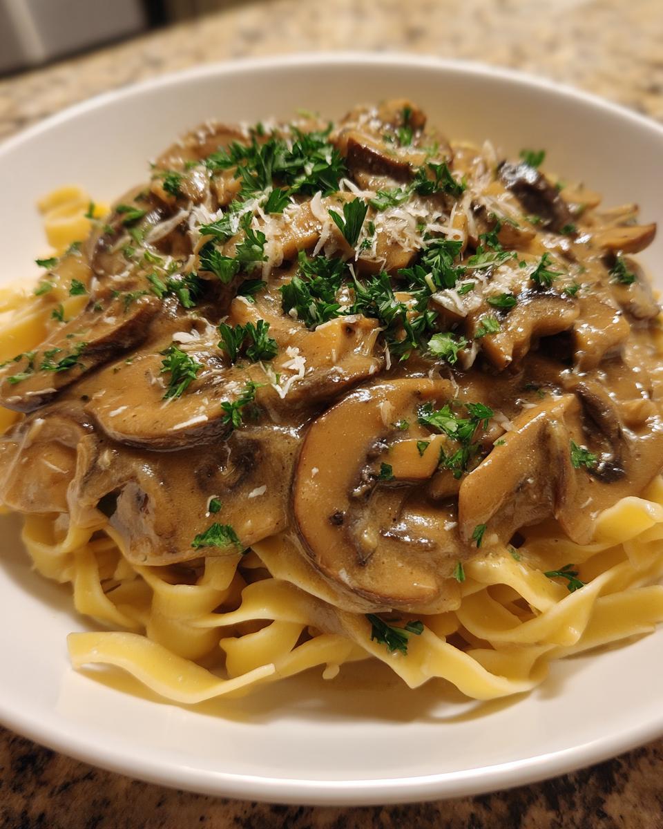 Close-up of Vegan Mushroom Stroganoff served over wide egg noodles, topped with fresh parsley.