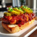 A close-up of a Vegan Nashville Hot Chicken Sandwich featuring a thick, sauce-covered patty on a bun topped with pickles and green onions.