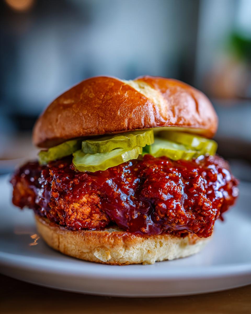 A close-up of a Vegan Nashville Hot Chicken Sandwich featuring a spicy, glazed patty and pickle slices on a bun.
