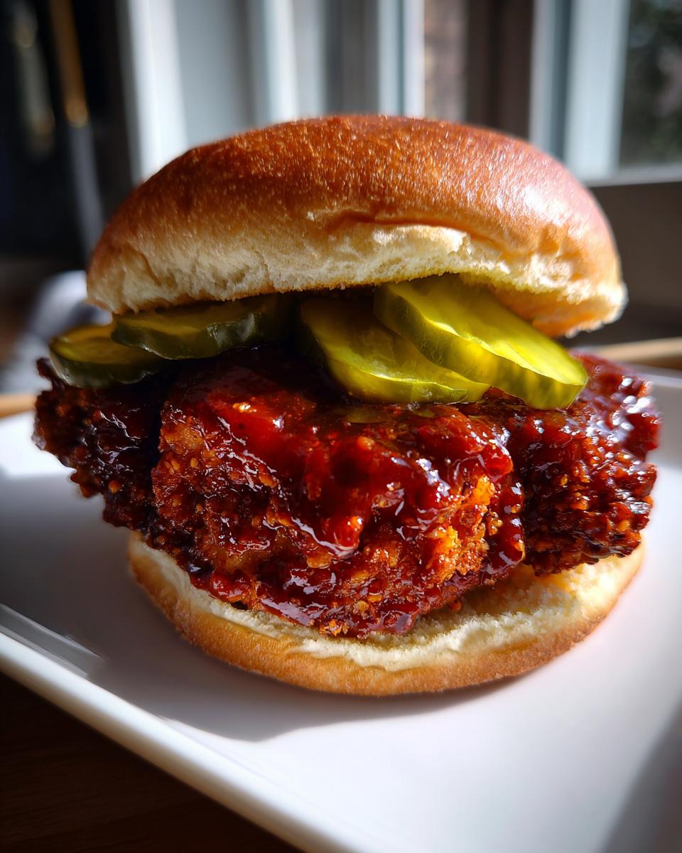 A close-up of a Vegan Nashville Hot Chicken Sandwich featuring a crispy patty smothered in spicy red sauce and topped with pickles on a brioche bun.