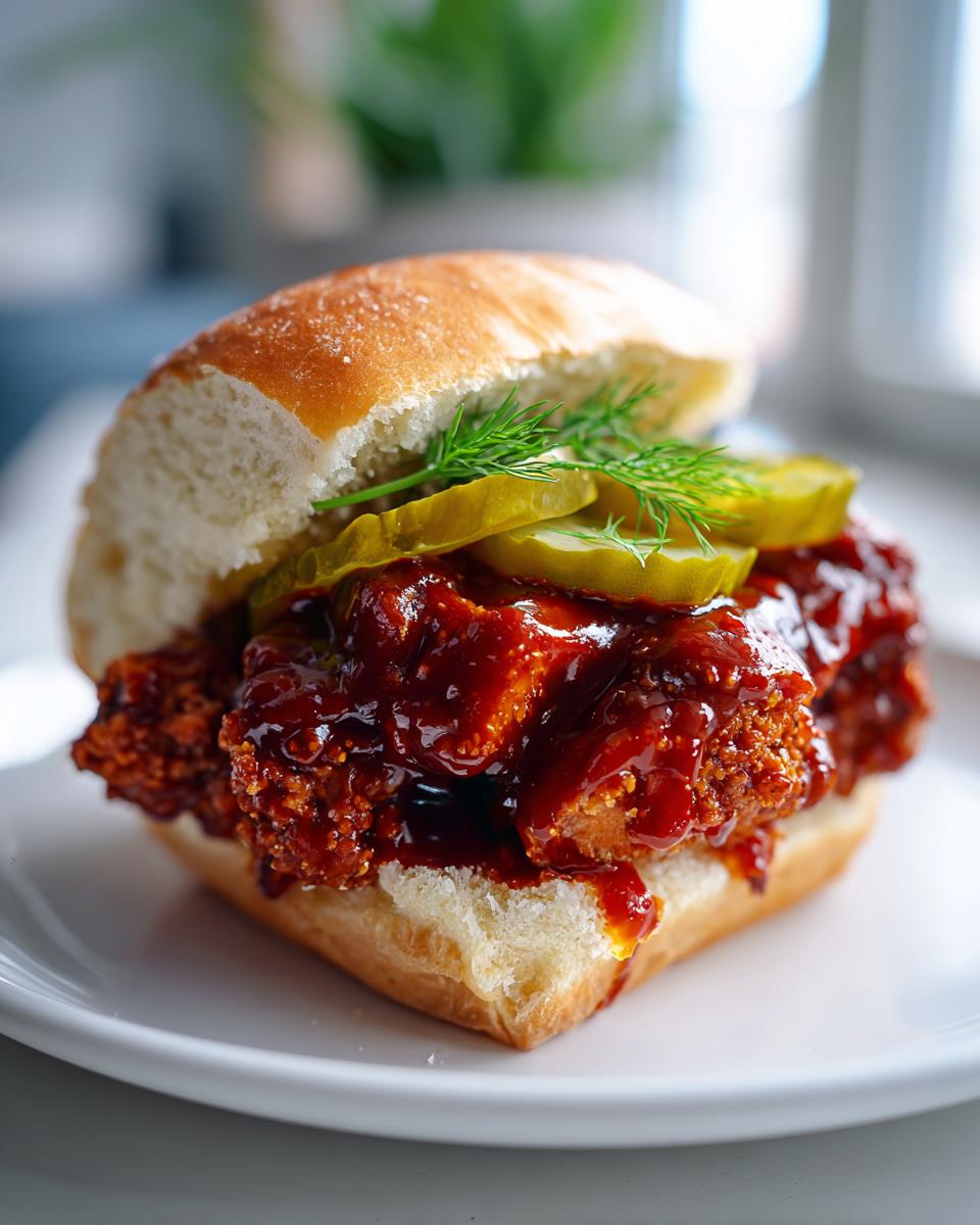A close-up of a Vegan Nashville Hot Chicken Sandwich featuring a crispy patty smothered in dark red sauce, topped with pickles and dill.