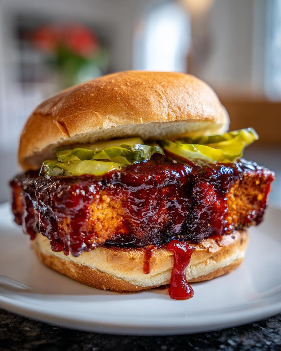 A close-up of a Vegan Nashville Hot Chicken Sandwich featuring a thick, saucy patty, pickles, and a brioche bun.