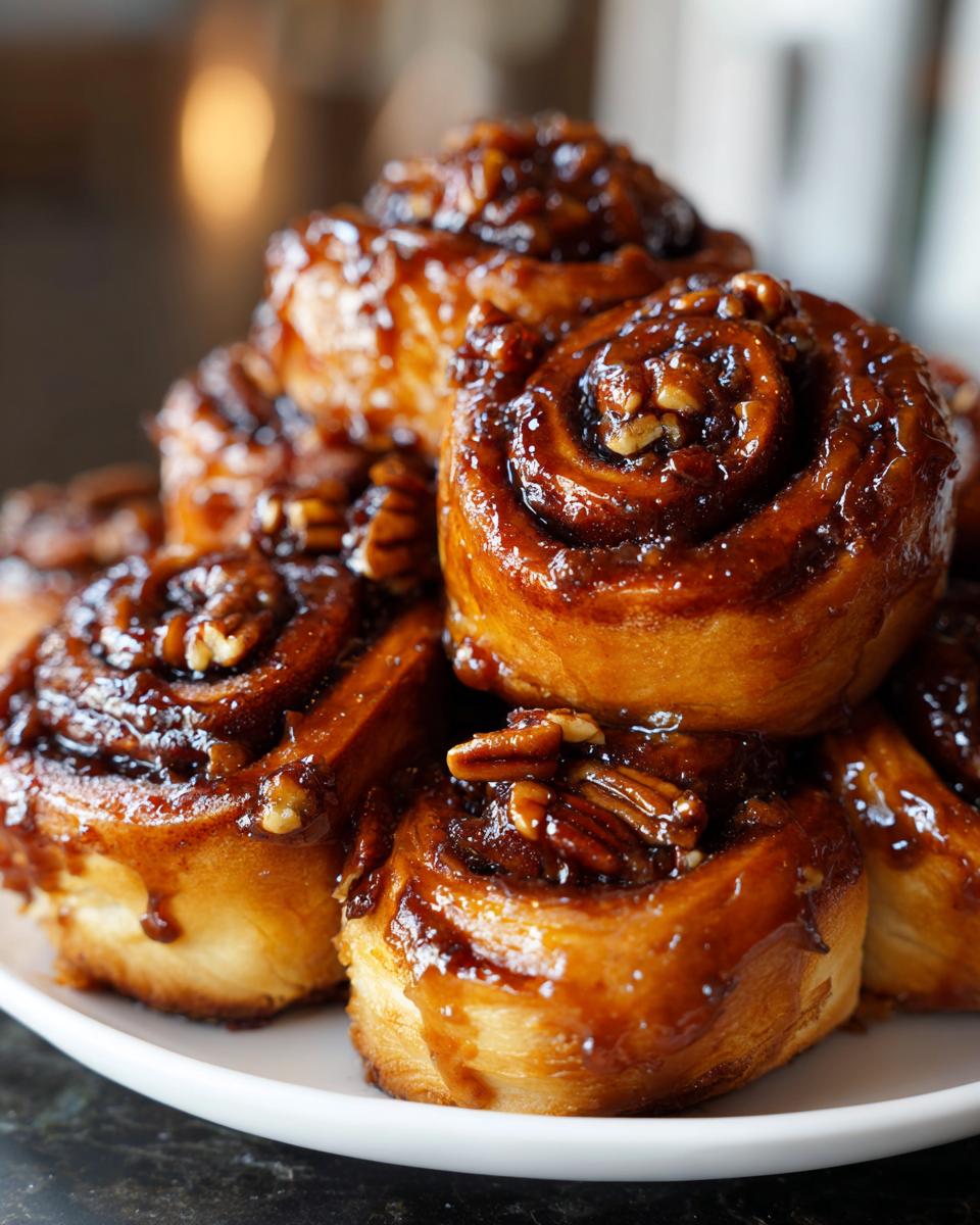 A close-up stack of gooey, glazed Vegan Pecan Sticky Buns topped with whole pecan halves.