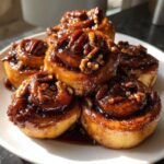 Close-up of several gooey Vegan Pecan Sticky Buns piled on a white plate, dripping with rich caramel glaze and topped with pecans.