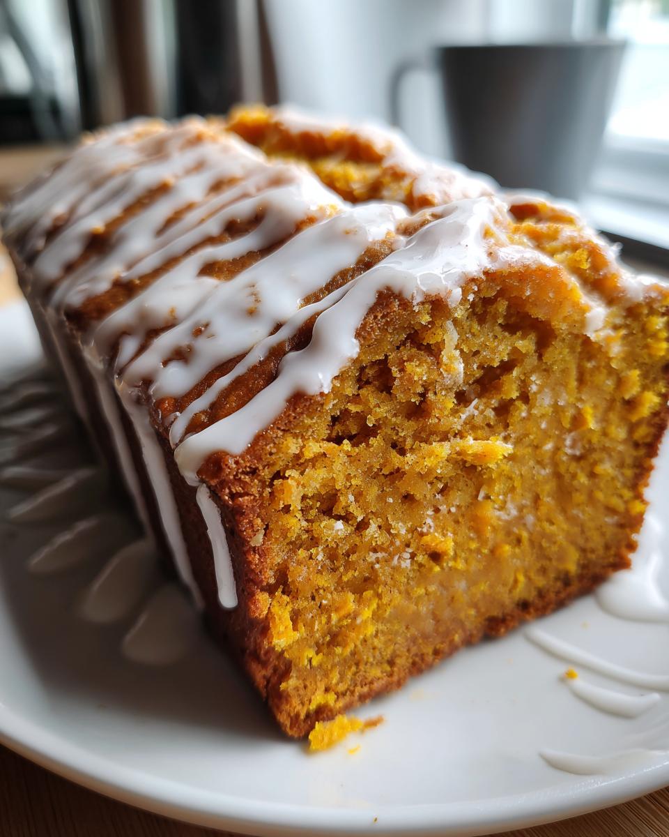 Close-up of a moist slice of Vegan Pumpkin Bread With Maple Glaze, drizzled with white icing.