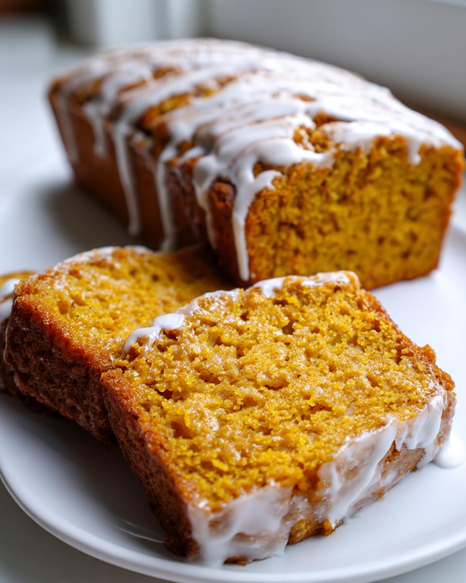 Close-up of moist slices of Vegan Pumpkin Bread With Maple Glaze on a white plate.
