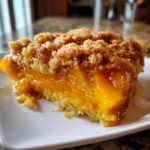 Close-up of a serving of Vegan Southern Maple Peach Cobbler showing juicy peaches and a crumb topping.