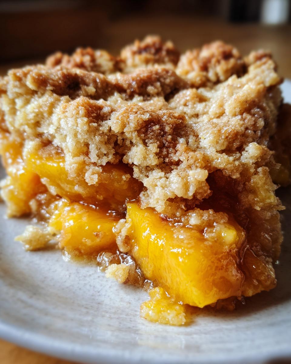 Close-up of a serving of Vegan Southern Maple Peach Cobbler showing juicy peaches and crumbly topping.