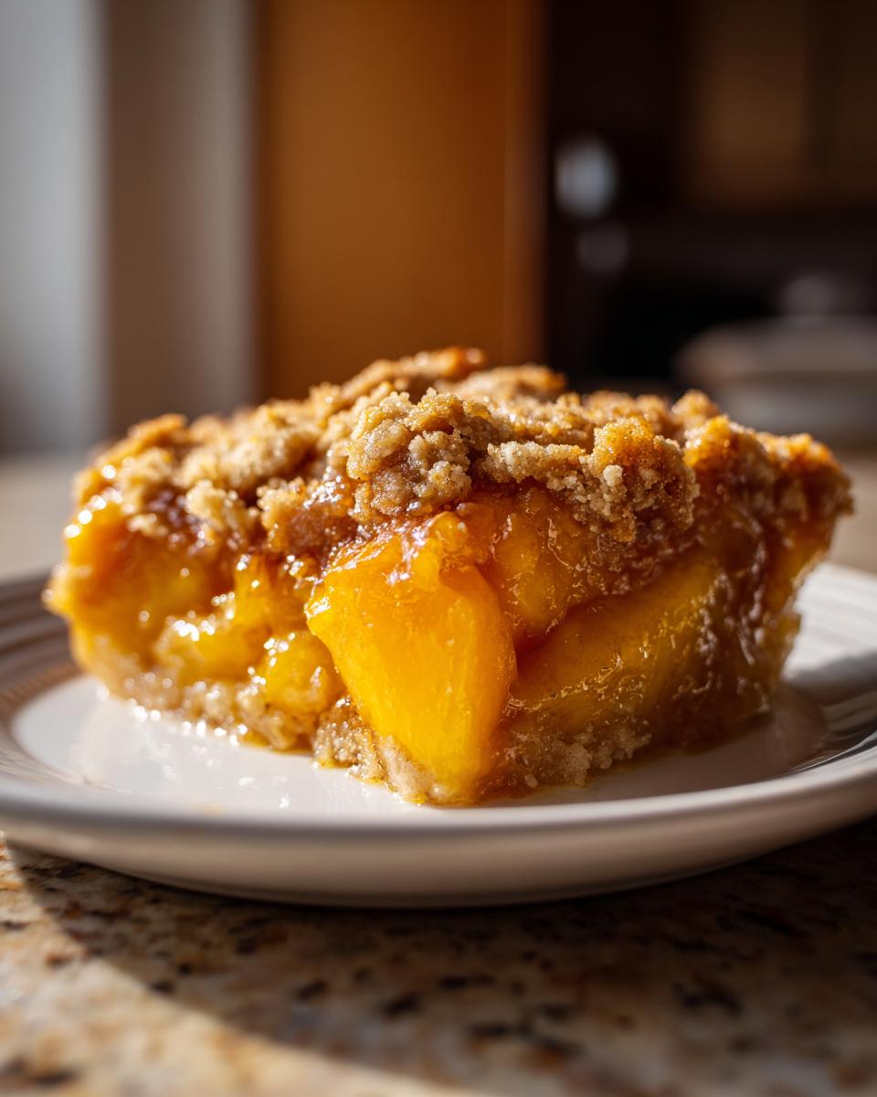 Close-up of a square slice of Vegan Southern Maple Peach Cobbler showing juicy peaches and a crumbly topping.