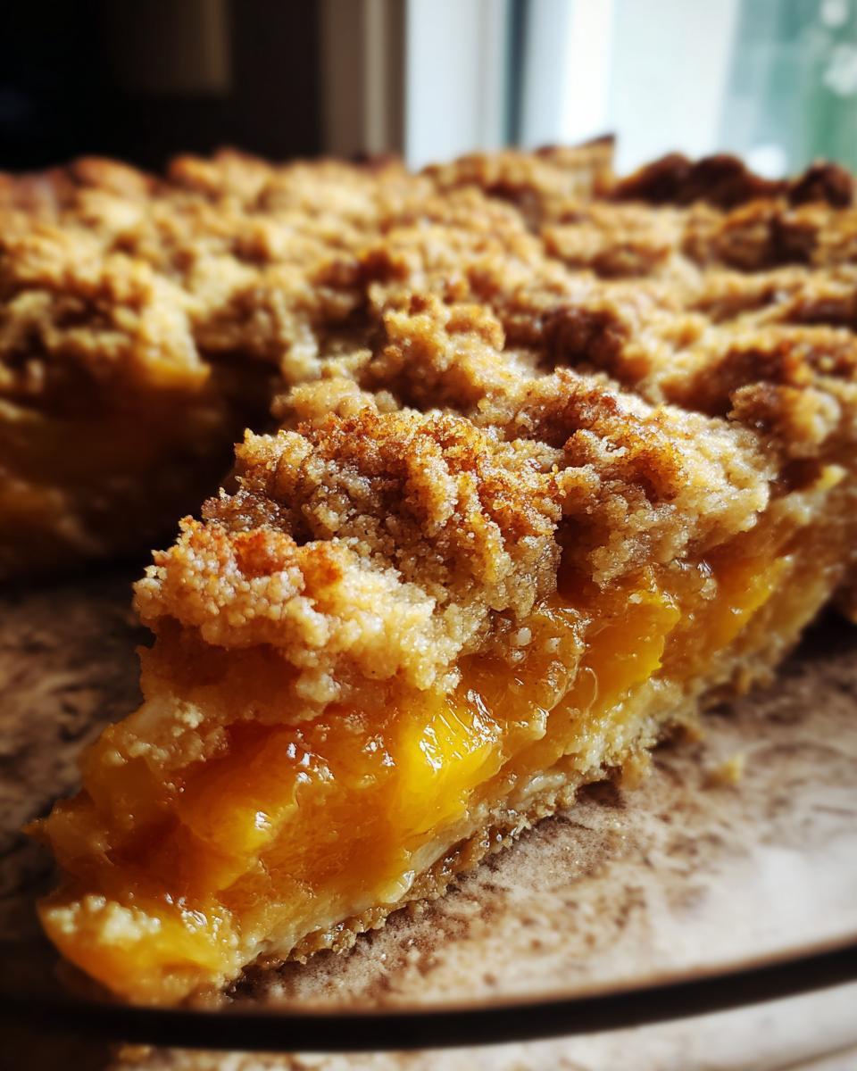 Close-up of a slice of Vegan Southern Maple Peach Cobbler showing juicy peaches and a thick, crumbly topping.