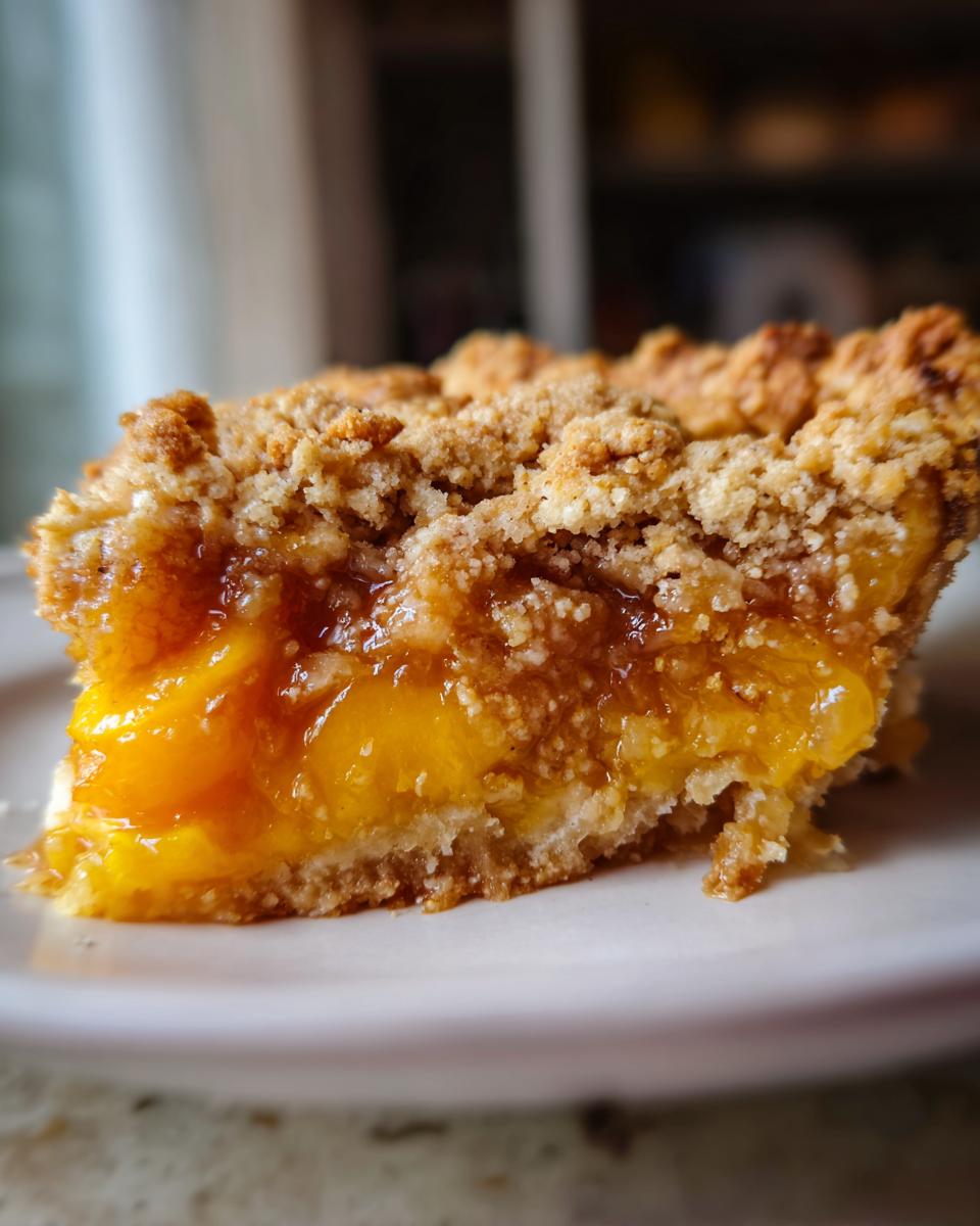 Close-up of a thick slice of Vegan Southern Maple Peach Cobbler showing juicy peaches and a crumbly topping.