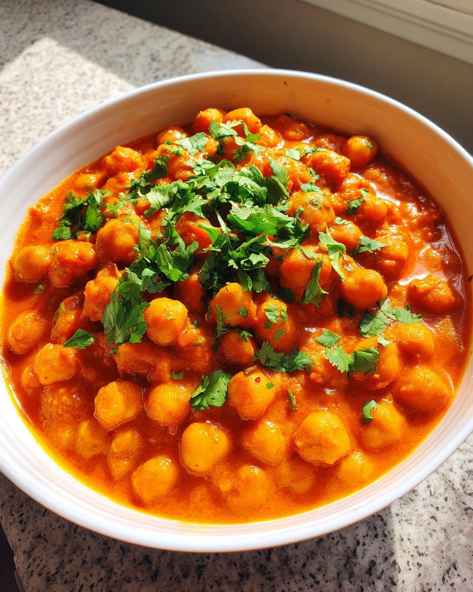 Close-up of a vibrant bowl of Vegan Spicy Chickpea Curry, topped generously with fresh chopped cilantro.