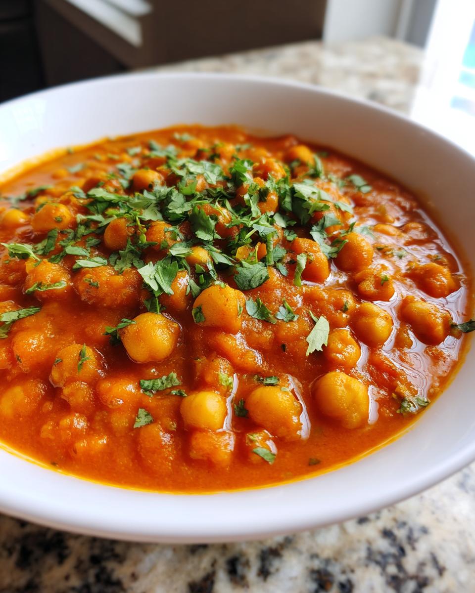 Close-up of a rich, orange-red Vegan Spicy Chickpea Curry topped with fresh chopped cilantro.