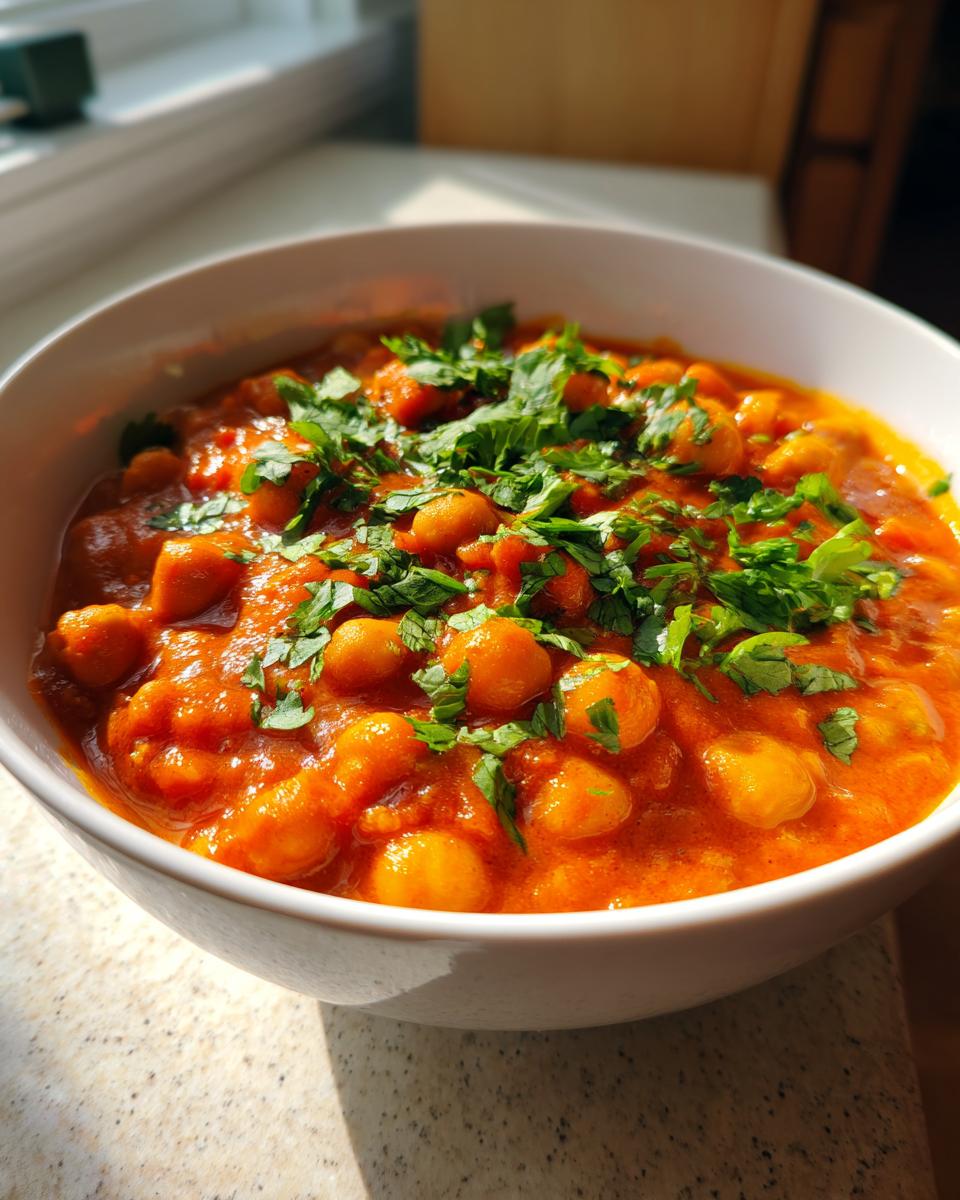 Close-up of a white bowl filled with vibrant Vegan Spicy Chickpea Curry, topped generously with fresh chopped cilantro.