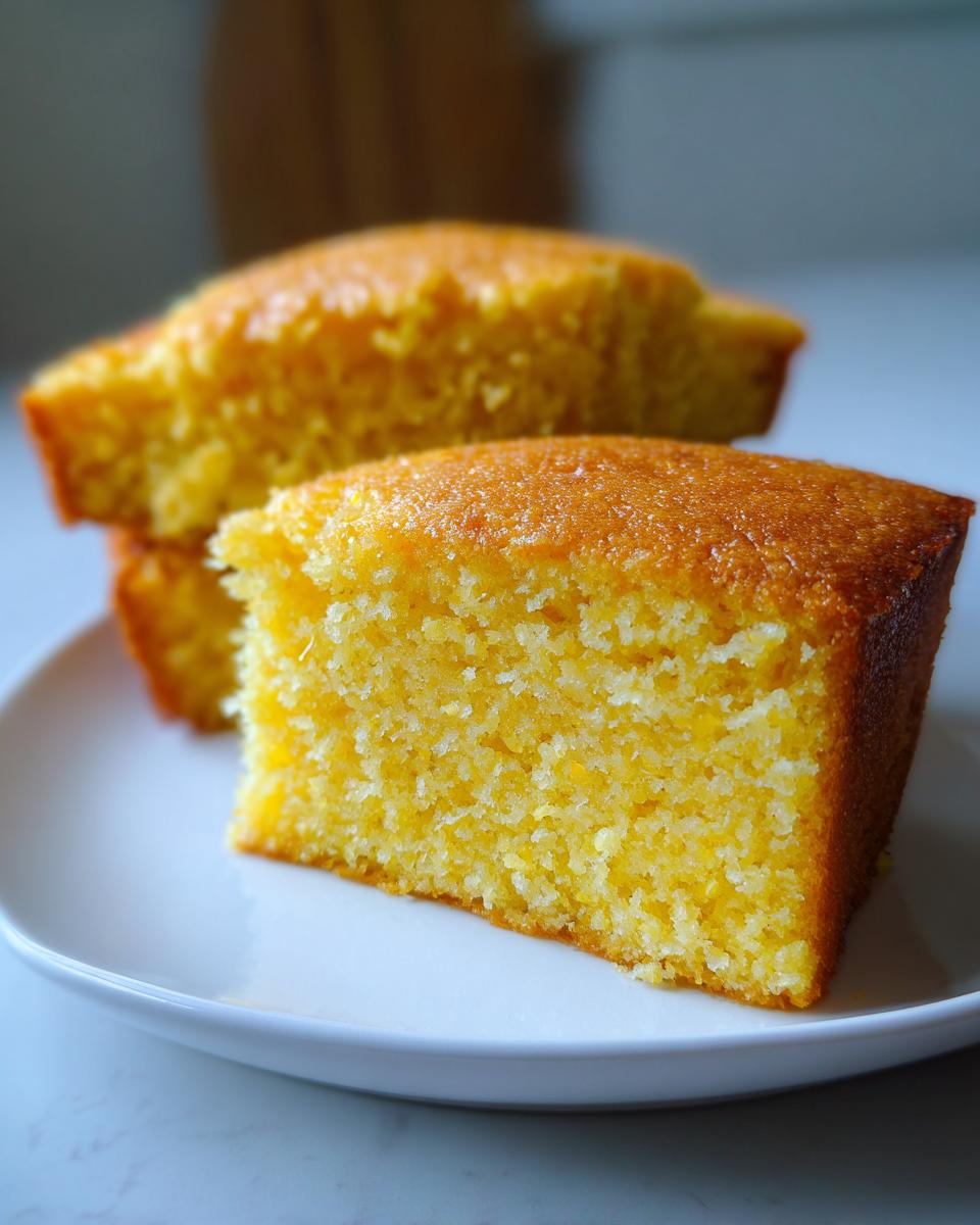 Close-up of a moist, golden slice of Vegan Sweet Cornbread on a white plate.