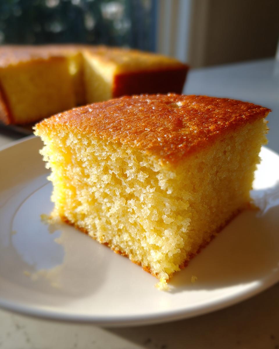 A close-up, golden slice of moist Vegan Sweet Cornbread resting on a white plate, with the rest of the loaf blurred in the background.