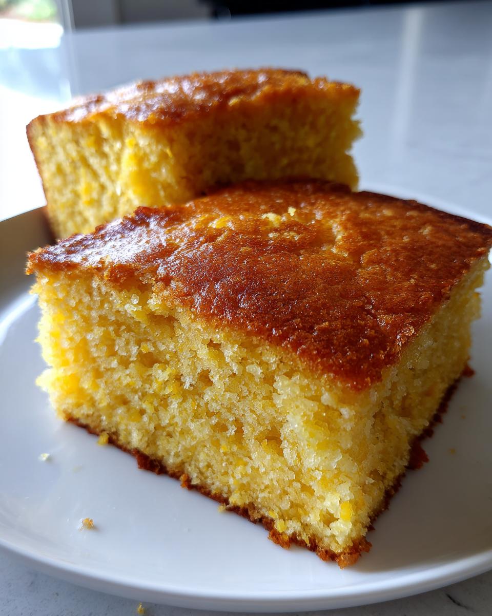 Two golden-brown squares of moist Vegan Sweet Cornbread stacked slightly on a white plate.