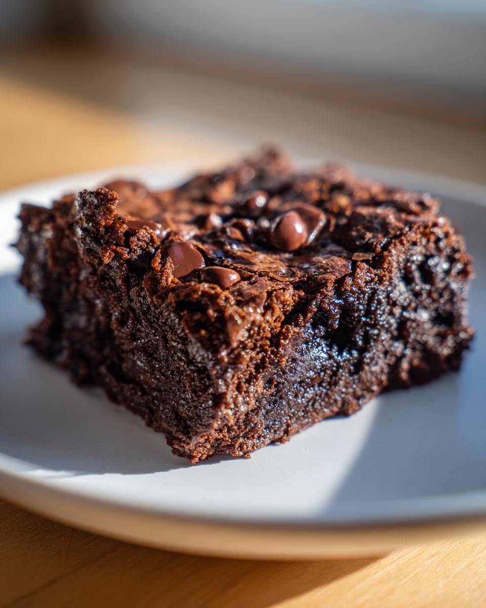A close-up of a fudgy Vegan Sweet Potato Brownies square topped with melted chocolate chips on a white plate.