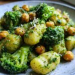 Close-up of Weeknight Broccoli Pesto Gnocchi Chickpeas coated in bright green pesto sauce.