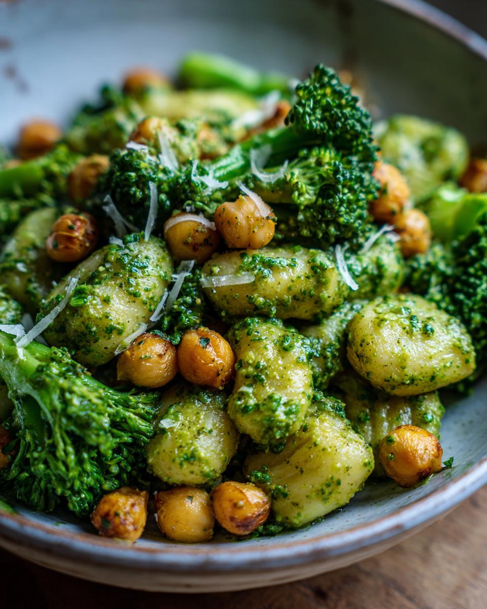 Close-up of Weeknight Broccoli Pesto Gnocchi Chickpeas coated in vibrant green pesto and topped with grated cheese.