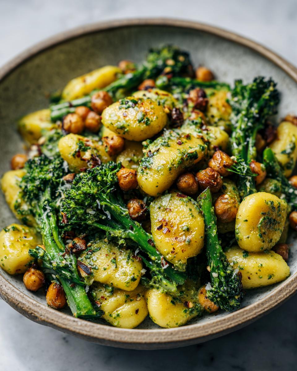 Close-up of Weeknight Broccoli Pesto Gnocchi Chickpeas coated in green sauce, served in a rustic bowl.