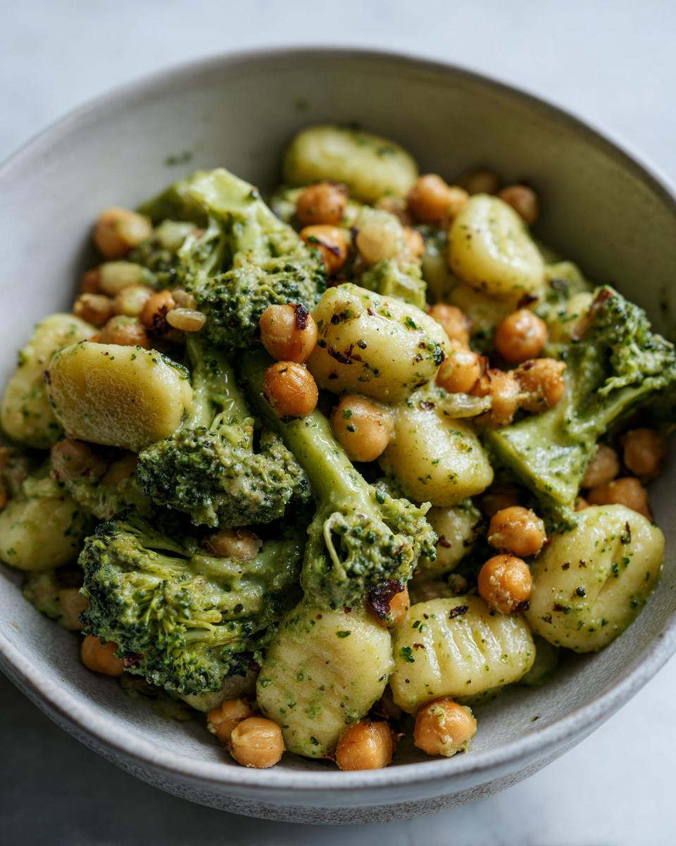 Close-up of Weeknight Broccoli Pesto Gnocchi Chickpeas coated in green pesto sauce in a light grey bowl.