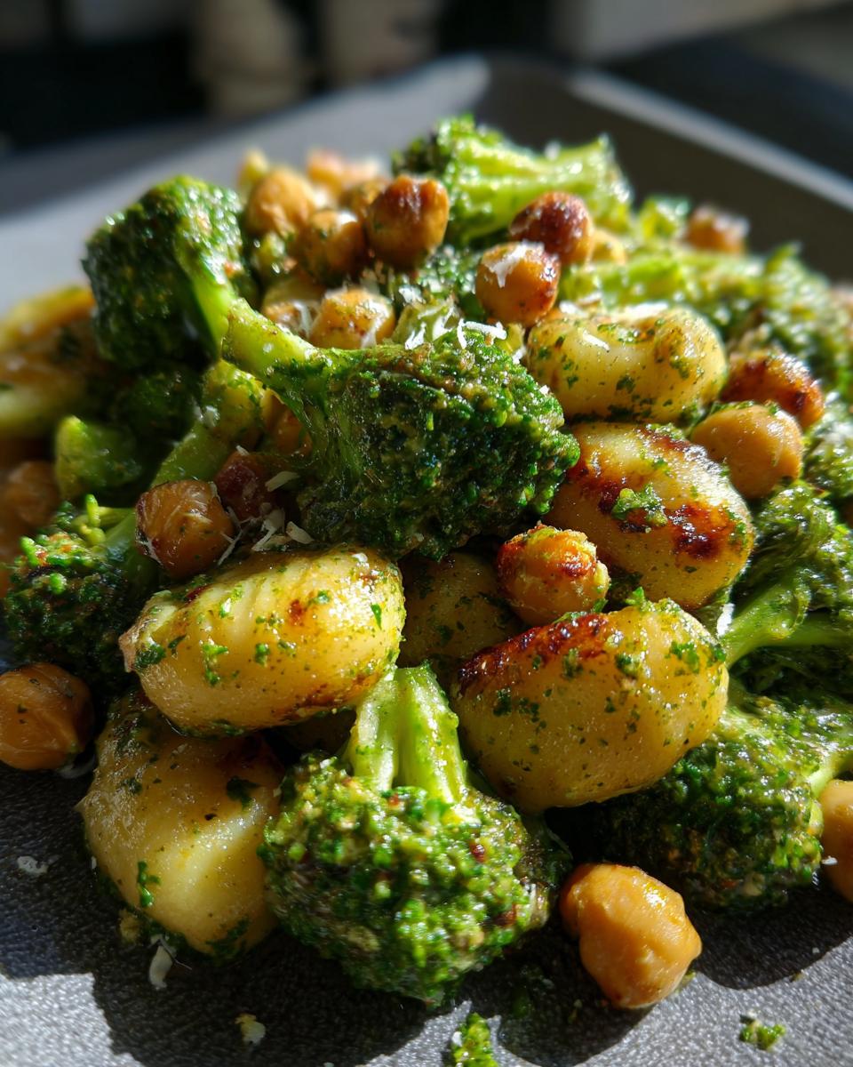 Close-up of pan-seared gnocchi, bright green broccoli florets, and crispy chickpeas coated in pesto.