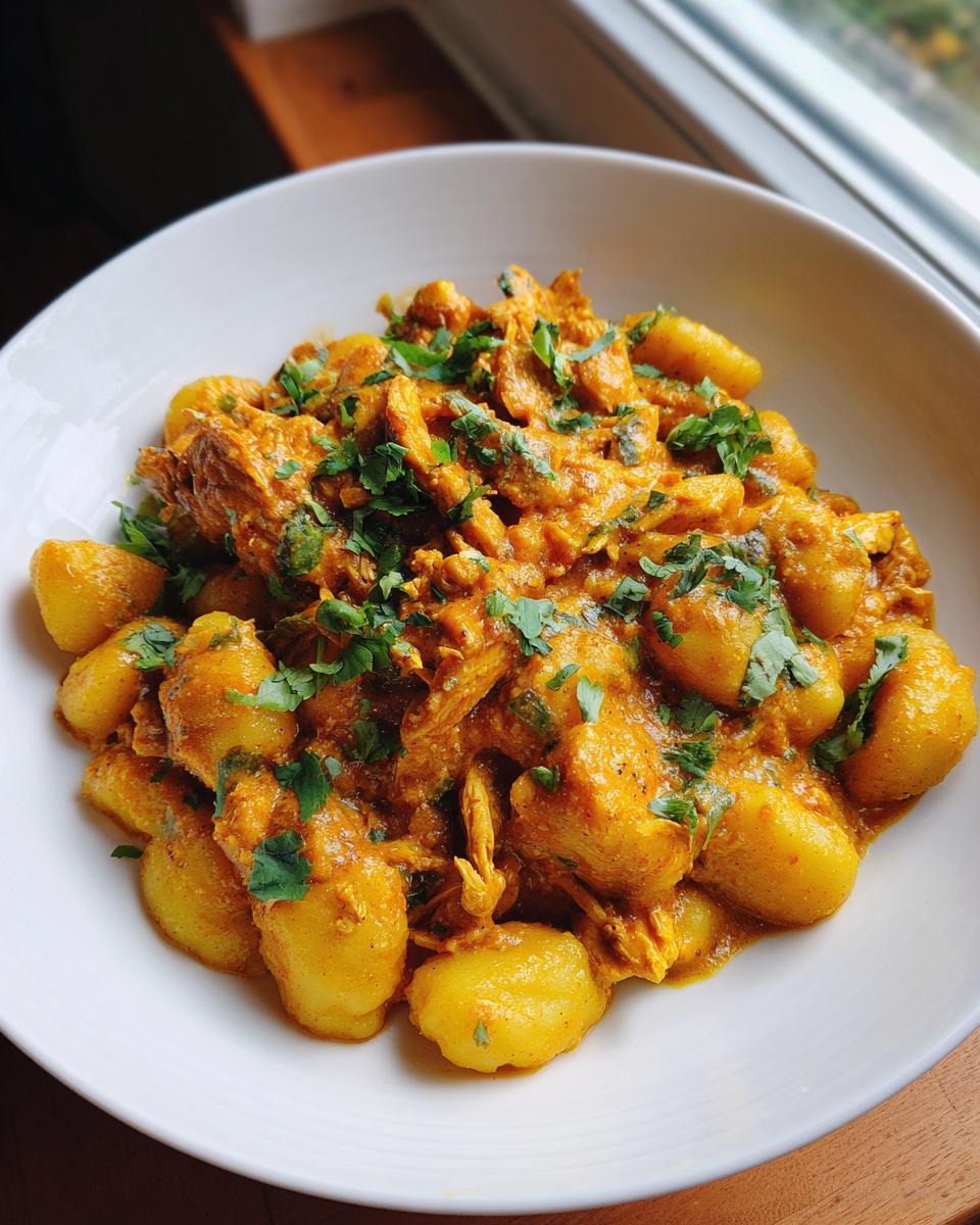 A white bowl filled with Weeknight Jamaican Curry Chicken Gnocchi, topped with fresh cilantro.