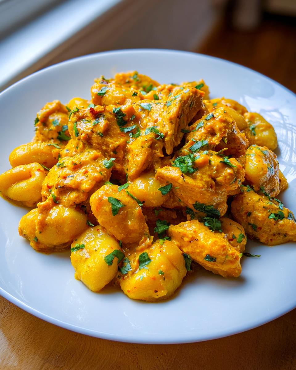 Close-up of Weeknight Jamaican Curry Chicken Gnocchi served on a white plate, topped with fresh green herbs.