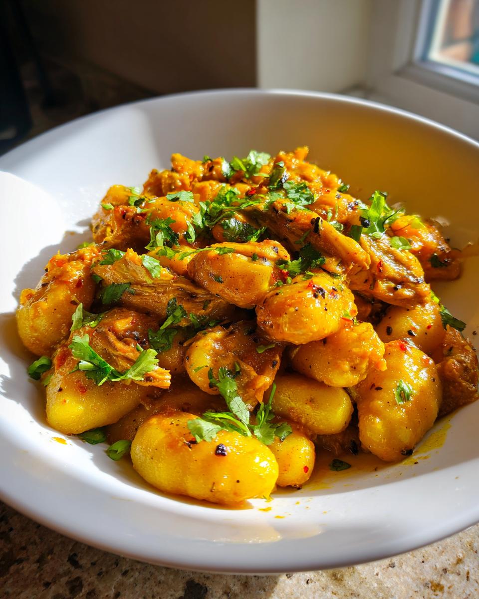 A close-up of Weeknight Jamaican Curry Chicken Gnocchi, coated in yellow curry sauce and topped with fresh cilantro.